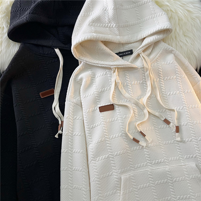 Jacquard Thick Double Rope Leather Label Double-layer Hat Spring and Autumn Loose Niche Hong Kong Style Sweater Jacket