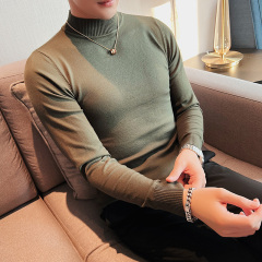 Half turtleneck sweater, autumn and winter bottoming shirt, slim solid color mid-collar sweater, army green sweater