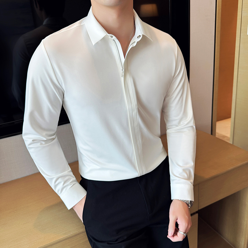 High-end concealed placket zipper design shirt for men long-sleeved seamless taped elastic drape shirt