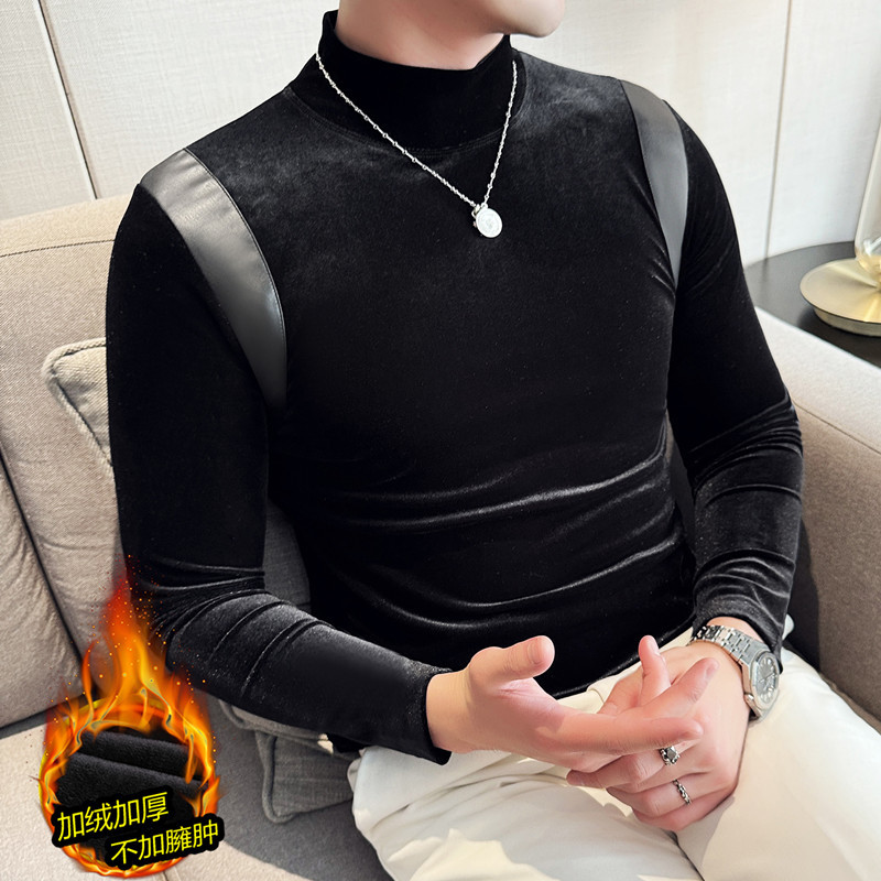 Leather half turtleneck stretch T-shirt slim long-sleeved thickened plus velvet warm velvet mid-collar bottoming shirt