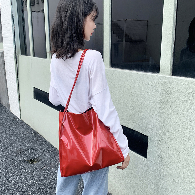 New style • Big red/black/white/blue bag super soft patent leather double shoulder strap large tote bag