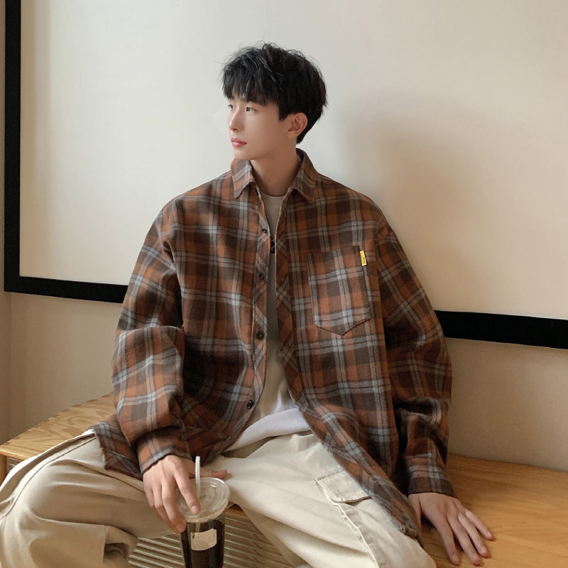 High-end young couple loose casual jacket long-sleeved plaid shirt