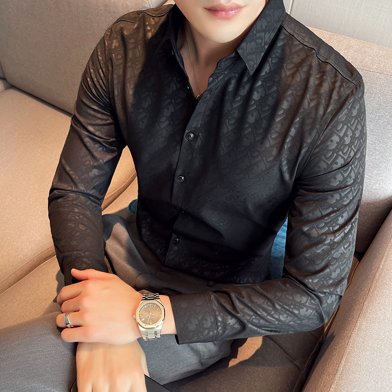 Four seasons men's dark floral long-sleeved shirt, light familiar shirt, Korean style slim-fitting personalized top, autumn shirt