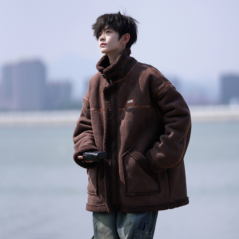 Camera photo Hong Kong style thickened warm coat winter loose lamb wool cotton coat men's cotton coat
