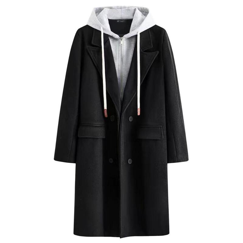 Winter men's mid-length woolen coat Korean style handsome fake two-piece hooded coat