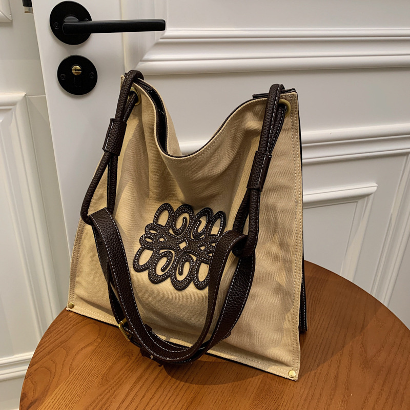 Retro large-capacity Luo Zhongbao bag denim and leather shoulder crossbody bag lazy and casual lightweight tote bag for women