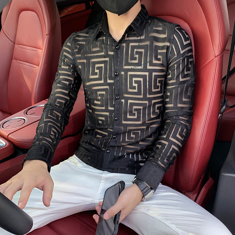 Autumn new men's long-sleeved shirt social style personalized shirt Korean style lace trendy men's style
