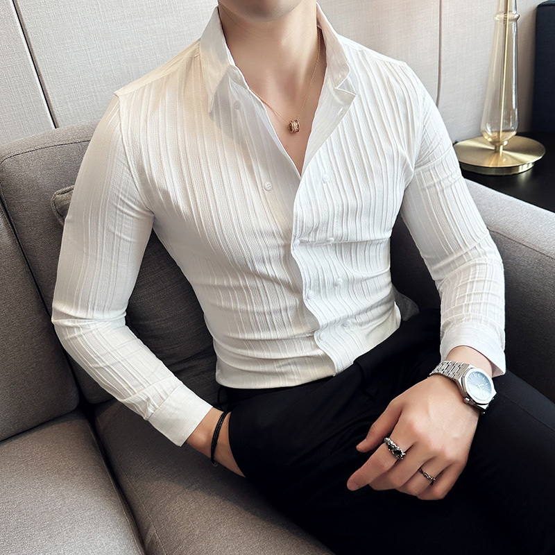 Four seasons men's long-sleeved shirts, fashionable double-breasted shirts, British slim-fitting shirts