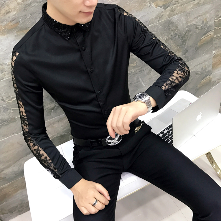 Autumn new style men's lace spliced ​​long-sleeved shirt catwalk style nightclub shirt with hollow sleeves