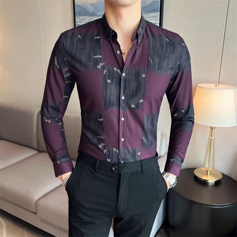 Four Seasons Men's Printed Long Sleeve Shirts Light Mature Shirts Korean Style Slim Personalized Tops Autumn Shirts