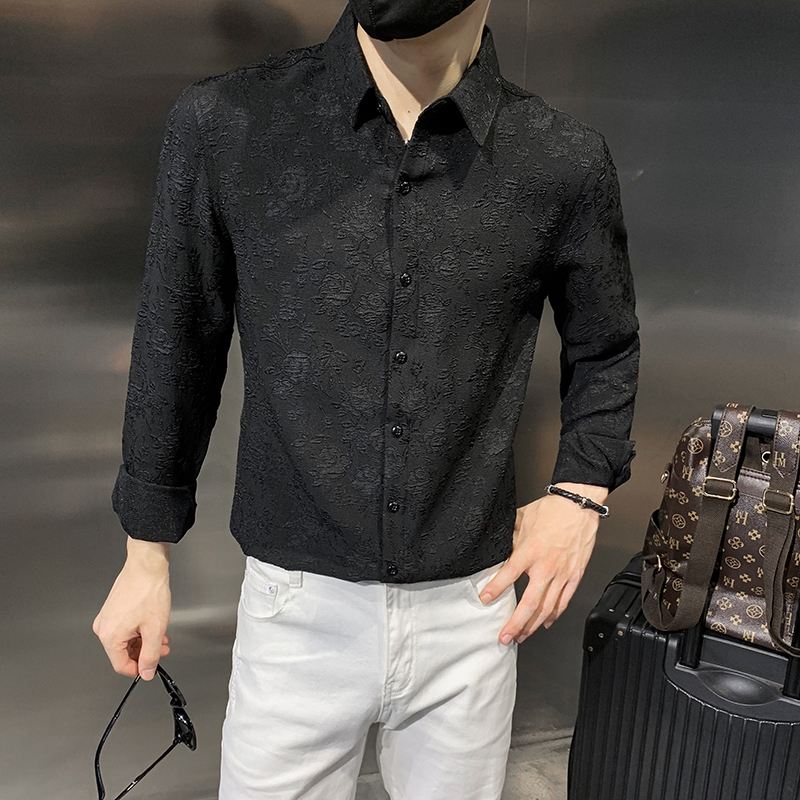 Four Seasons Men's Long Sleeve Shirt Social Style Personalized Shirt Slim Fit Printed Lining All-Year Style