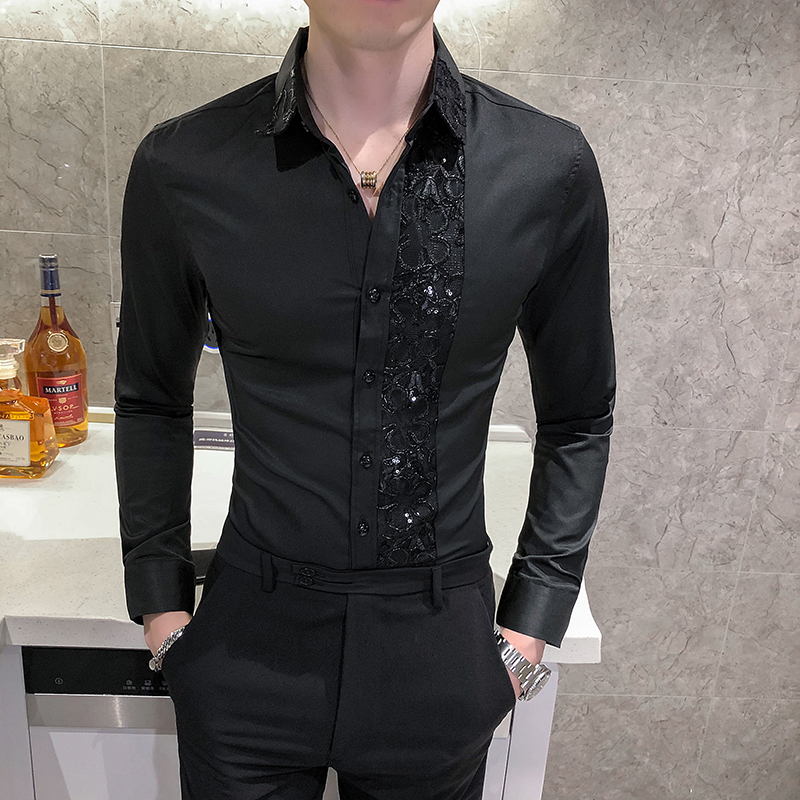 20 autumn men's shirts British long-sleeved lace splicing tops Korean style slim-fitting four-season solid color shirts for men