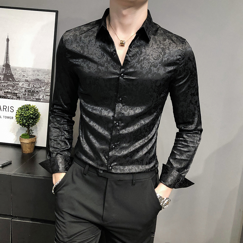 Four seasons men's British shirt long-sleeved slim printed shirt men's youth business shirt