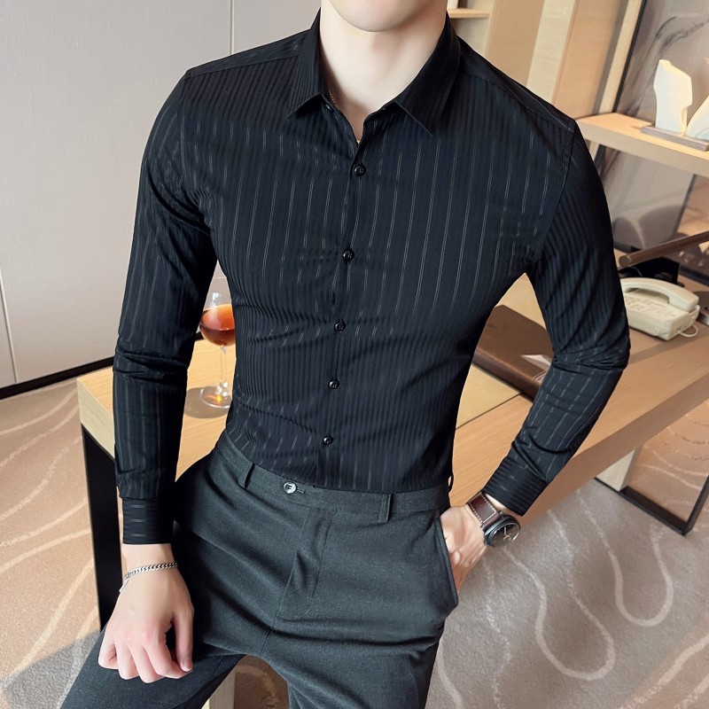Spring and summer men's shirts, high-end casual shirts, long-sleeved striped shirts, men's shirts
