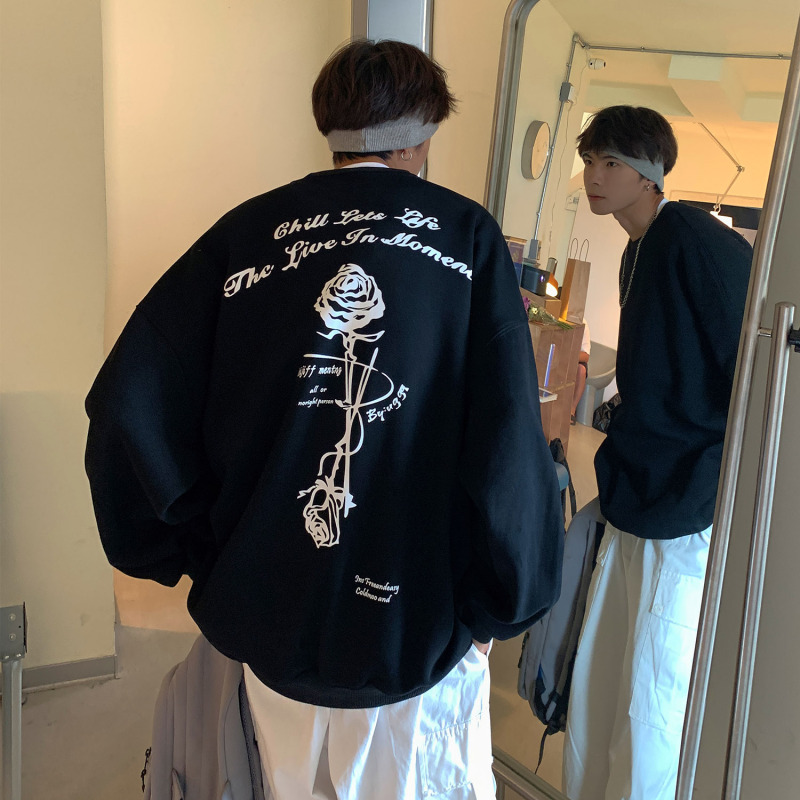 Hong Kong style autumn clothing plus size trendy couple sweatshirt men's autumn round neck loose top jacket