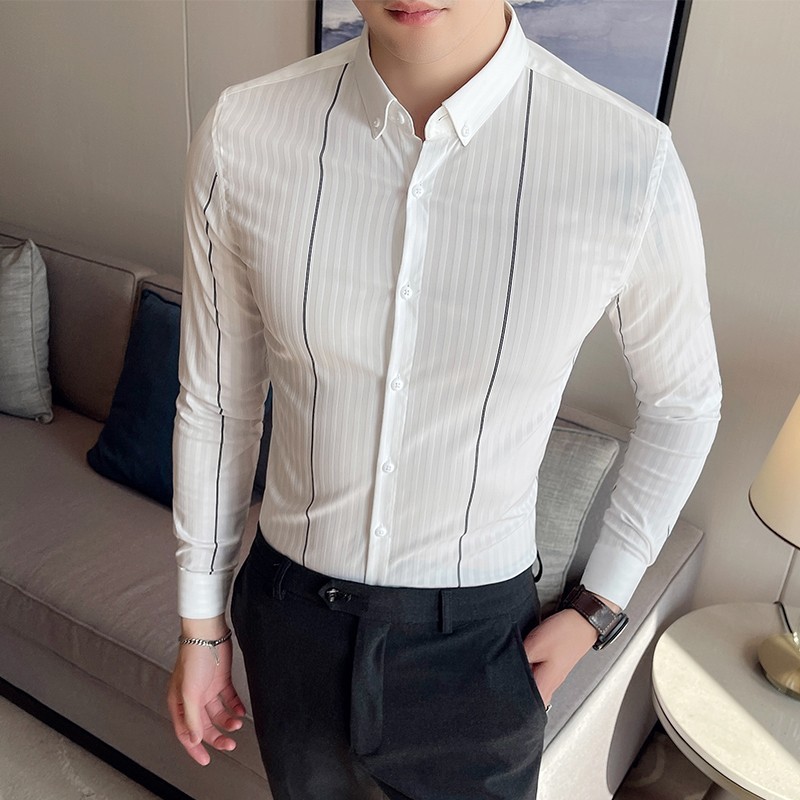Spring and summer men's shirts, high-end casual shirts, long-sleeved striped shirts, men's shirts