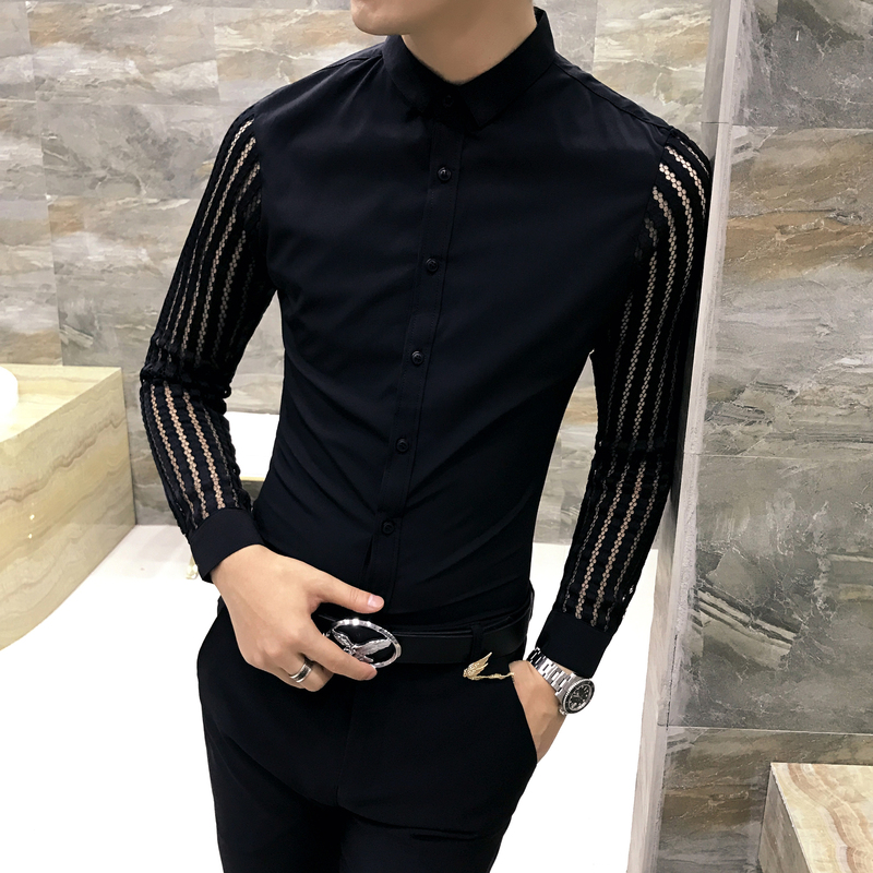 Real shot of men's new Korean style long-sleeved shirt with lace sleeves, slim hairstylist hollow sleeves and personalized shirt