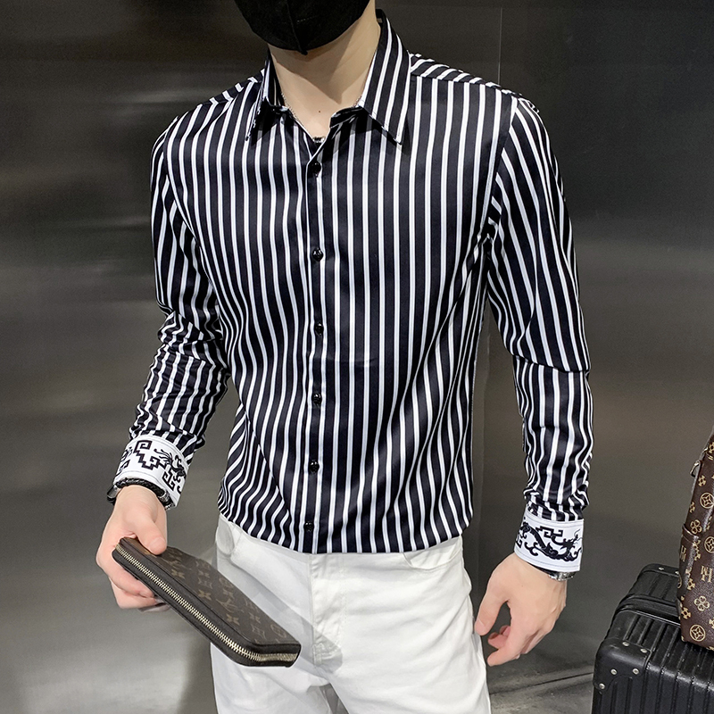 Four seasons men's striped long-sleeved shirt social style personalized shirt slim style printed lining all year round