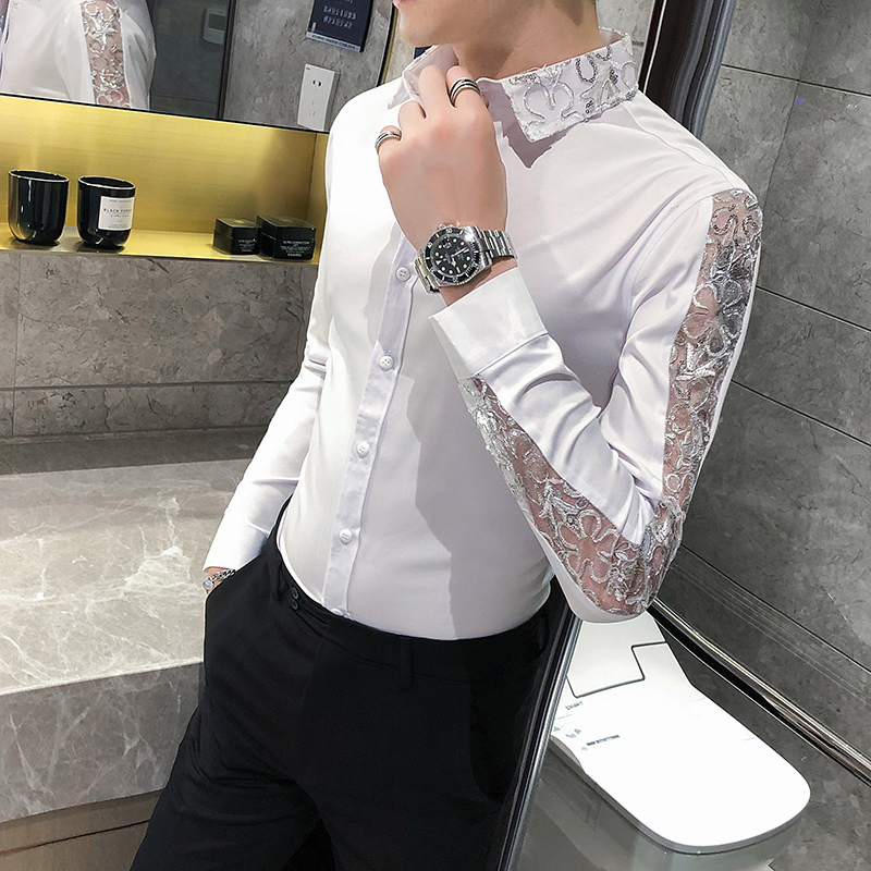 20 autumn men's shirts British long-sleeved lace sleeve tops Korean style slim-fitting four-season solid color shirts for men