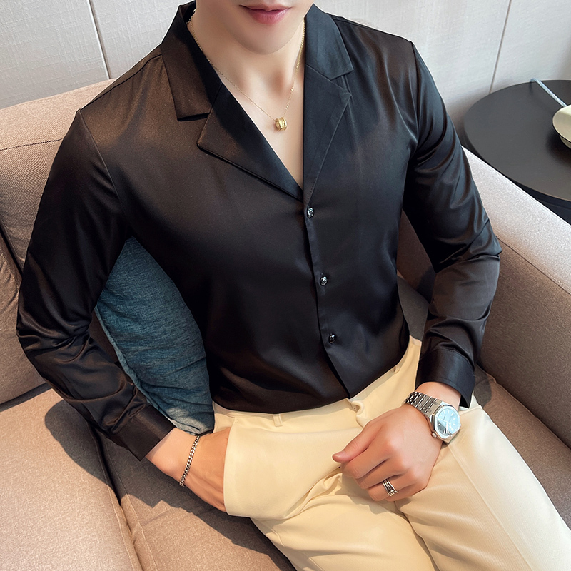 Four seasons men's solid color long-sleeved shirt British style suit collar shirt slim style personalized V-neck lining