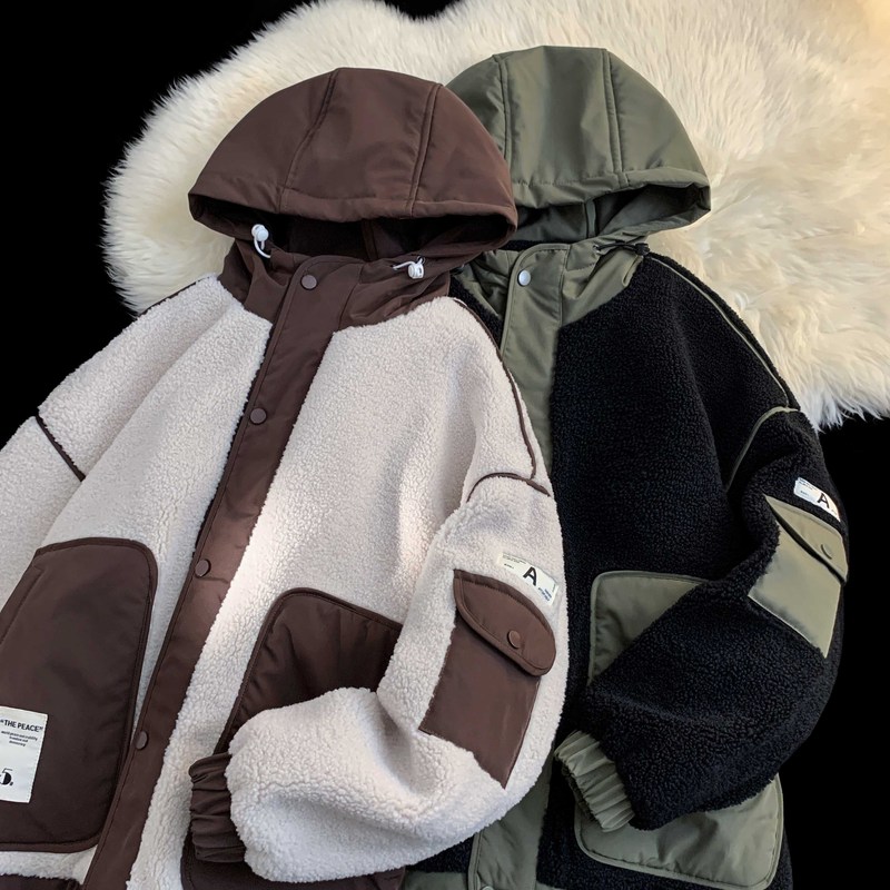 Winter new lamb wool hooded patchwork workwear thickened cotton coat for men