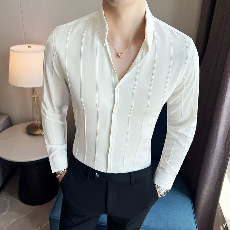 Autumn new men's V-neck long-sleeved shirt, fashionable light luxury quality shirt, slim style, year-round style