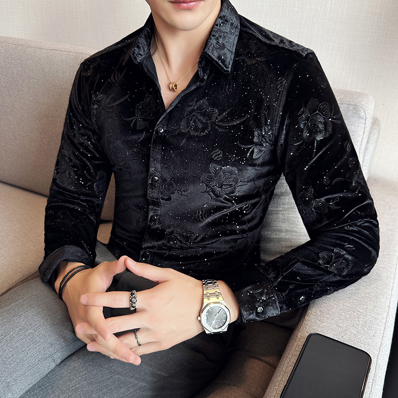 Men's long-sleeved shirt for all seasons, high-end luxury printed shirt, gold velvet long-sleeved lining