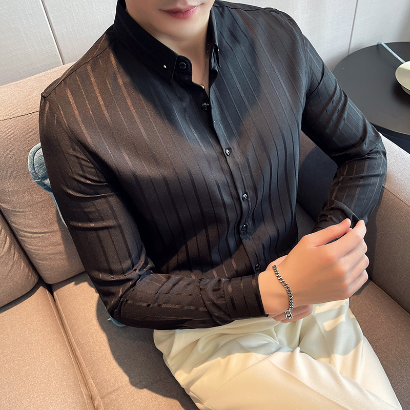Four Seasons Men's Striped Long-Sleeved Shirts Light Mature Shirts Korean Style Slim Personalized Tops Autumn Shirts
