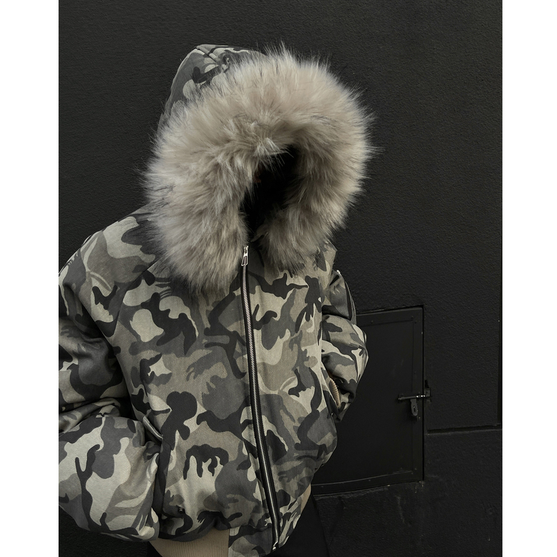 Black Wall 5 washed distressed camouflage short hooded fur collar cotton bomber bomber jacket