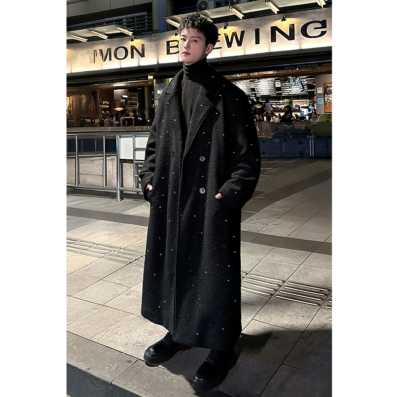 Men's knee-length woolen coat with trendy starry sky design and cotton woolen windbreaker jacket