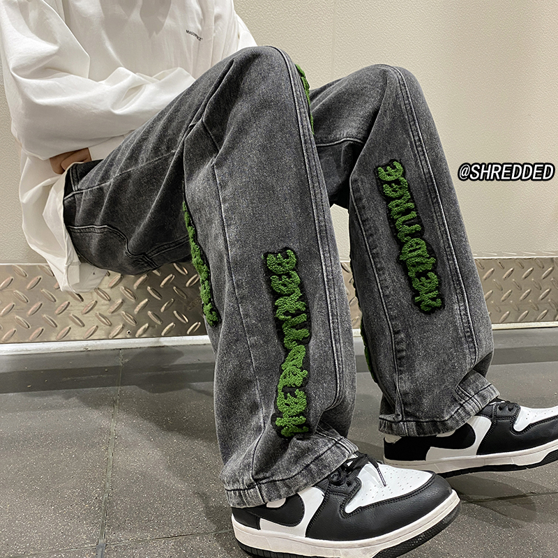 Letter towel embroidered jeans for men high street fashion ins American retro long pants