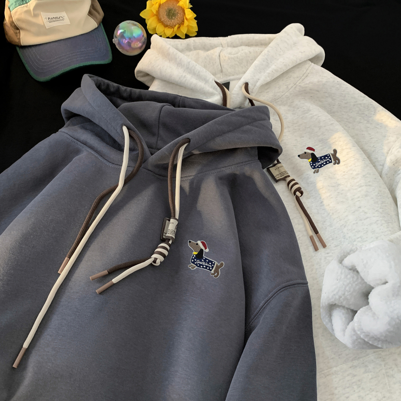 Dachshund puppy embroidered fleece hooded sweatshirt inner layer