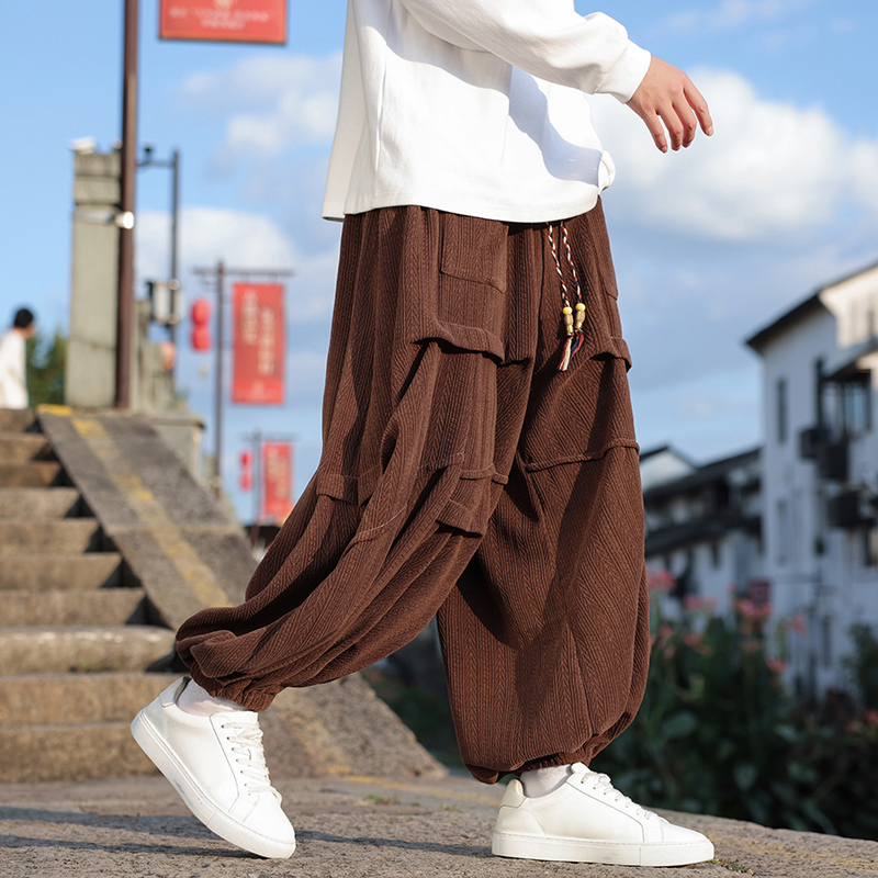 New Chinese style O dark topstitch design corduroy pleated niche design wide leg pants bucket