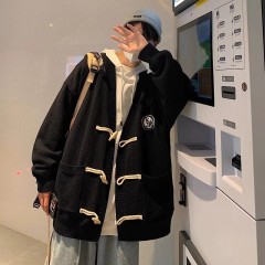 Single Hong Kong style loose retro horn button cardigan embroidered sweater jacket