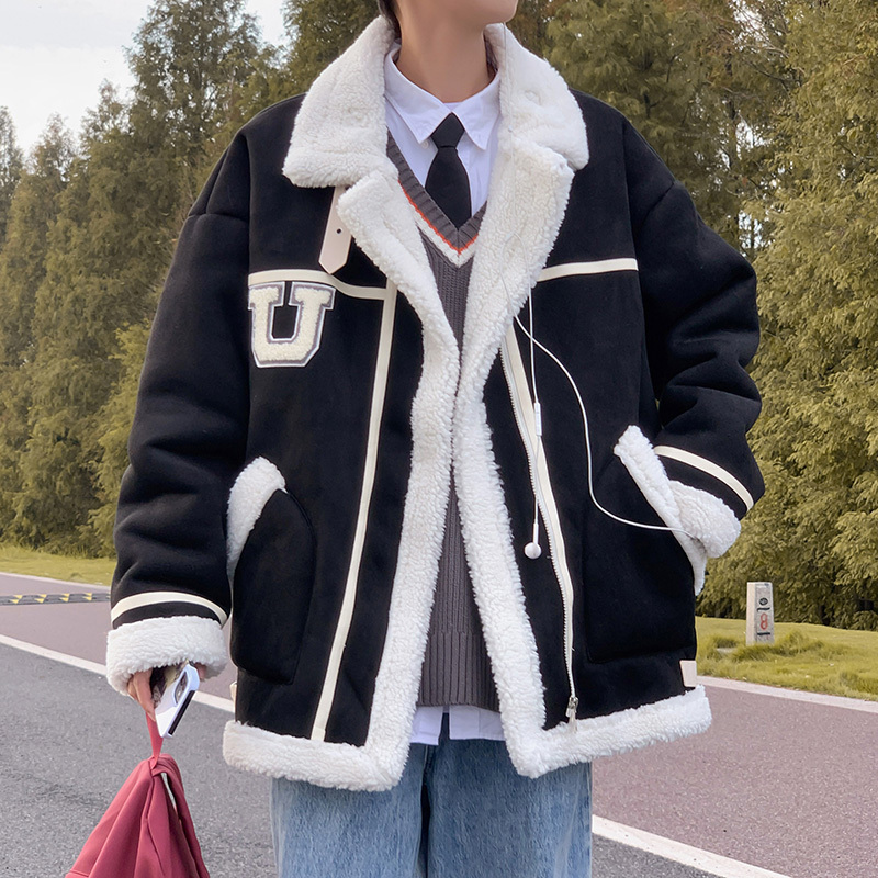 Japanese large-size cotton-padded jacket for men, Hong Kong style cotton-padded jacket, fur one-piece lapel jacket