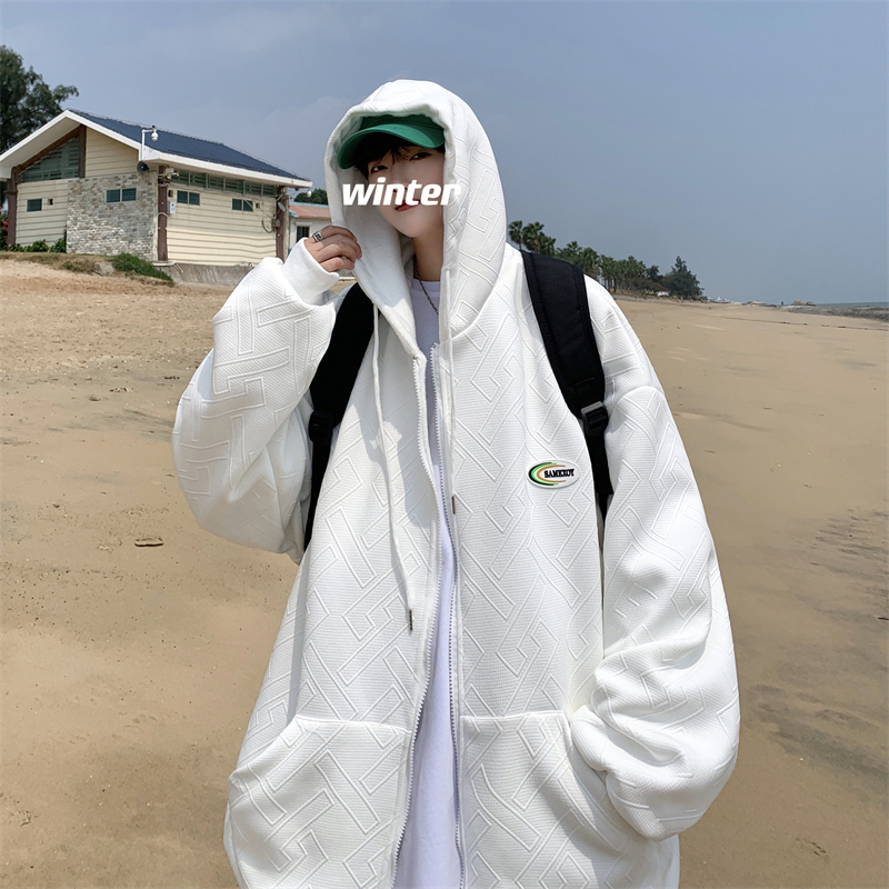 Hong Kong style large size embossed design fleece cardigan hooded sweatshirt