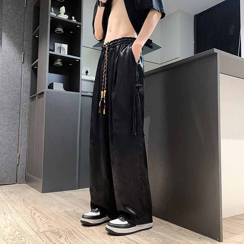 New Chinese style B Chinese style ice silk dragon pattern dark flower nine-point pants loose buttoned carrot pants for men