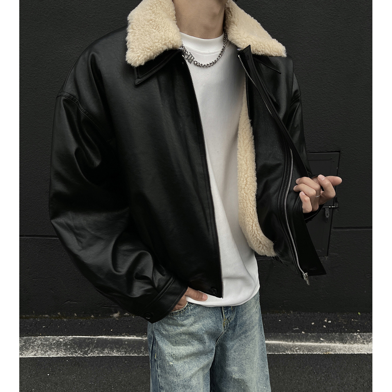 Black Wall 5 Short Black Label Composite 800g Lamb Wool Detachable Fur Collar PU Leather Thickened Cotton Clothes