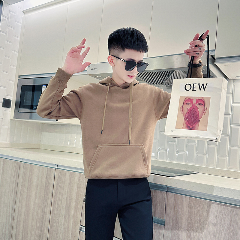 Plush hooded sweatshirt men's trendy T-shirt handsome long-sleeved winter thickened top jacket