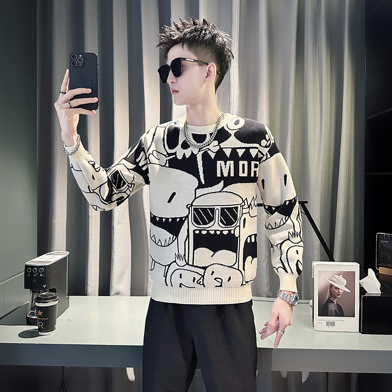 Cartoon jacquard sweater men's trendy brand heavy inner sweater bottoming shirt handsome versatile sweater trend
