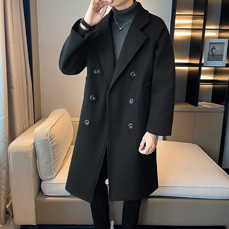 Shopkeeper style double breasted mid-length windbreaker men's loose woolen coat