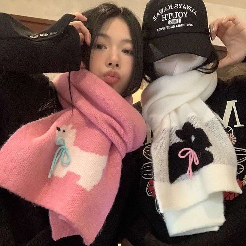 Winter warm scarf for women sweet cool rabbit handmade bow winter knitted wool imitation cashmere scarf solid color cartoon