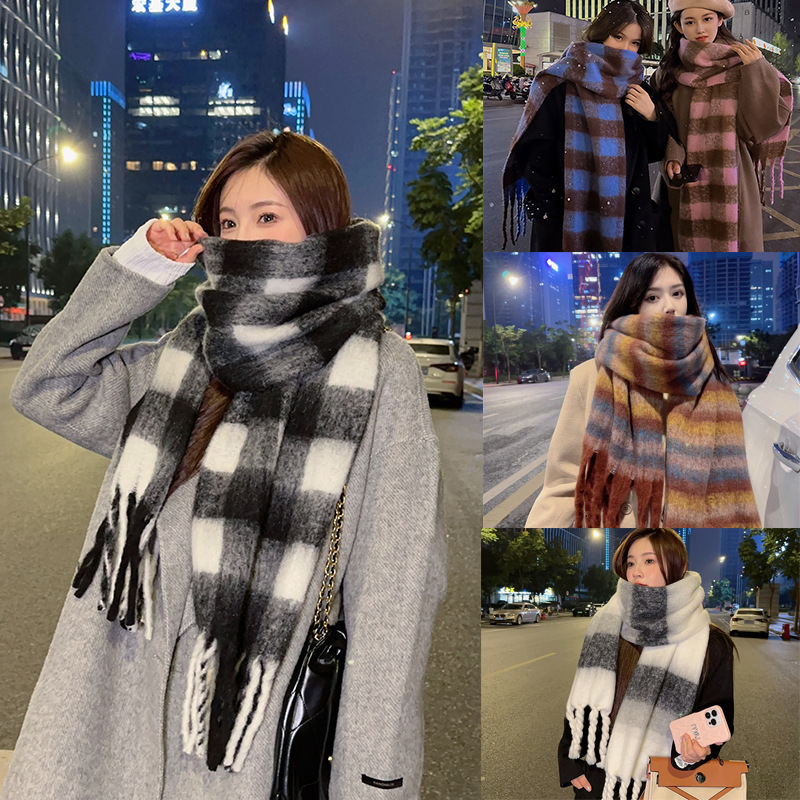 Fashion Korean style plaid imitation cashmere scarf winter warm thickened contrasting color student couple neck scarf long scarf