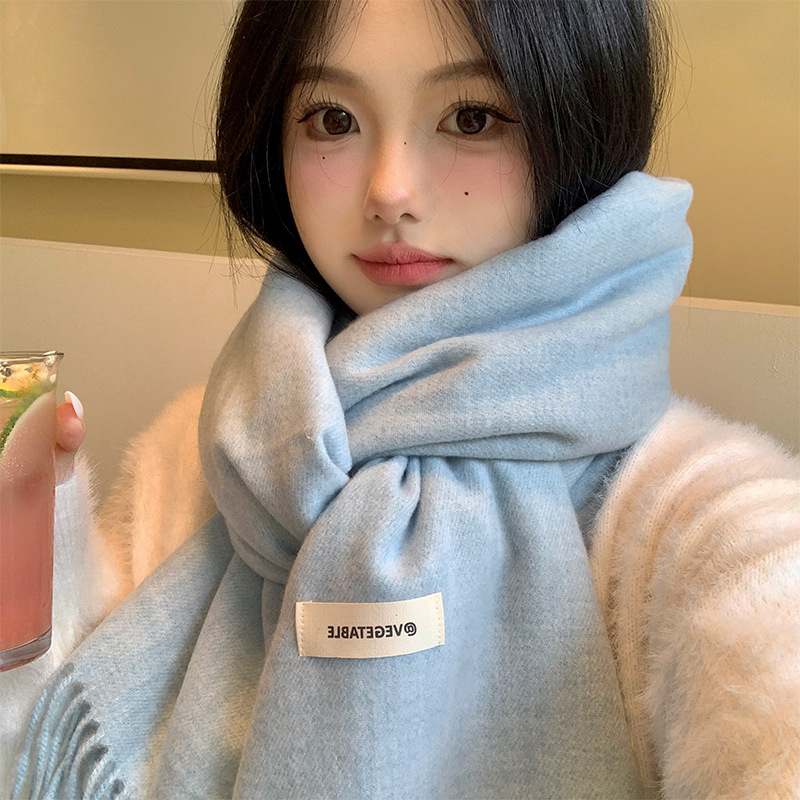Korean atmosphere blue knitted scarf for women 2024 autumn and winter solid color versatile thickened warm student scarf