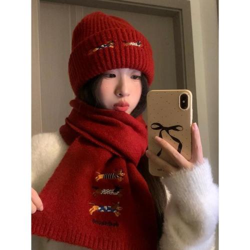 New Year Red Cute Dachshund Beanie Hat for Women Winter Versatile Hat Scarf Two-piece Set Warm Knitted Scarf