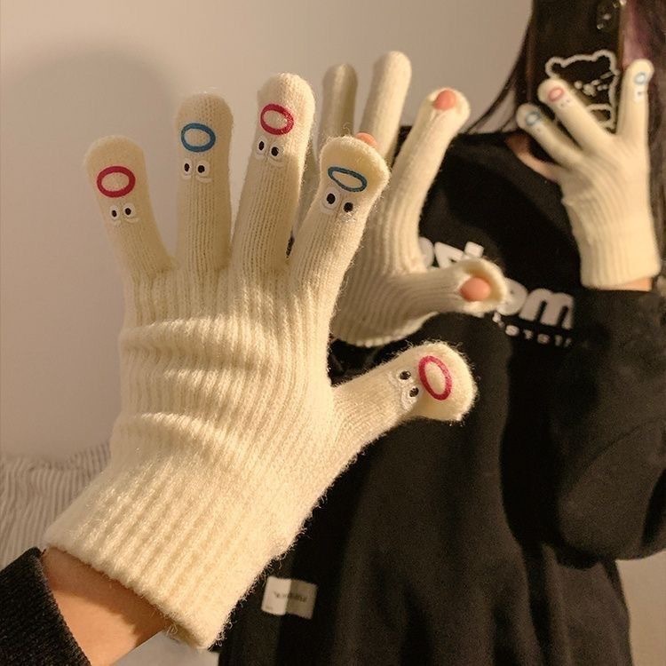 Manufacturer's cute five-fingered Korean-style woolen thickened warm knitted gloves for cycling in autumn and winter with touch screen