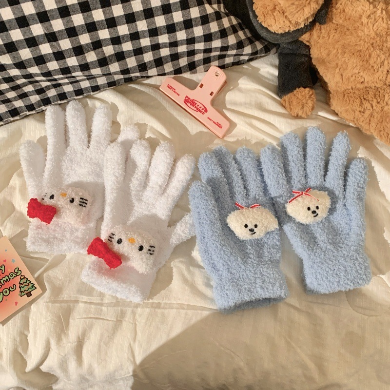 Cartoon coral velvet gloves girly heart autumn and winter warm gloves student couple outdoor cycling plus velvet cold-proof gloves