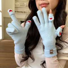 Wool knitted gloves five-fingered flip-top women's winter cute touch-screen love Korean version cold-proof and warm cycling