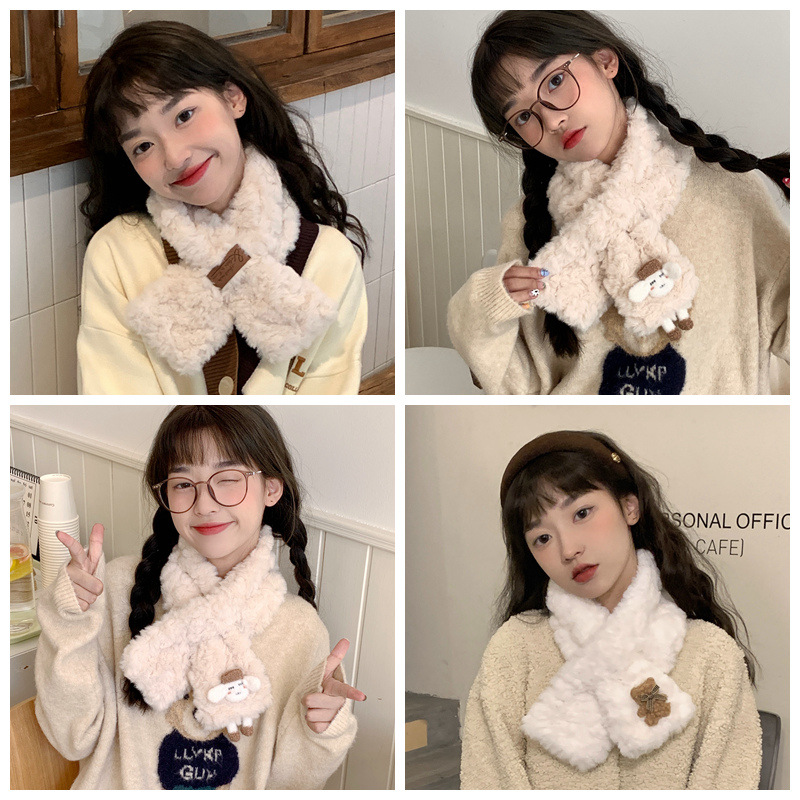 Scarf for women in autumn and winter Korean style versatile cute rabbit fur warm plush bear winter new white scarf trendy