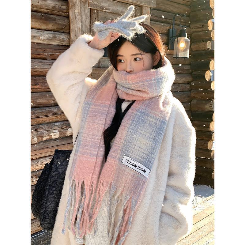 Korean style gentle pink plaid mohair tassel scarf for women in autumn and winter to keep warm and versatile student shawl and scarf